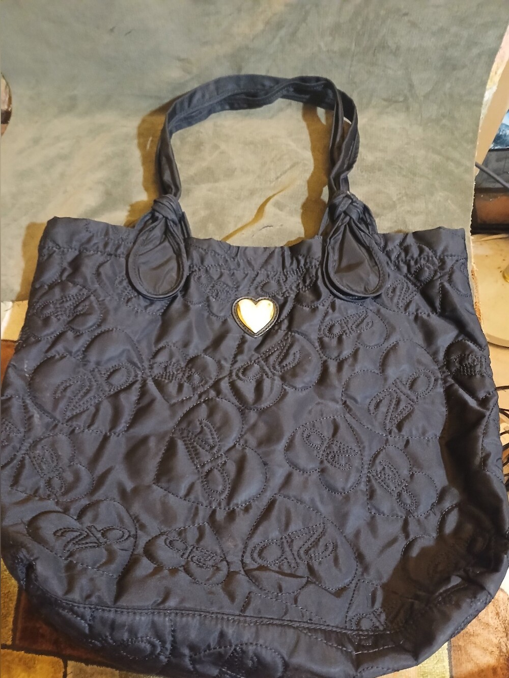 Black BeBe 2B Nylon Quilted Heart Tote Bag Shoulder Large Purse